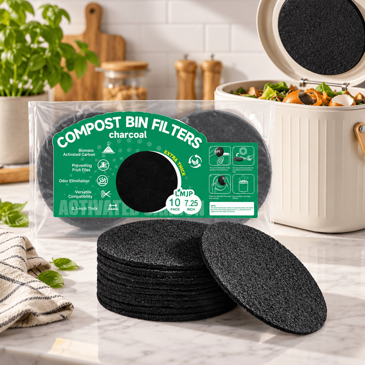 LMJP Compost Bin Charcoal Filters, a 10-pack of 7.25-inch round black activated carbon filters, displayed on a kitchen countertop beside a compost bin with an open lid and vegetable scraps.