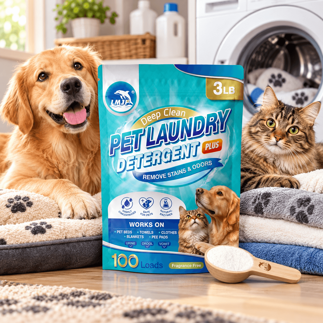 LMJP Deep Clean Pet Laundry Detergent Plus in a turquoise 3-pound bag, displayed in a bright laundry room with a golden retriever, tabby cat, washing machine, folded pet blankets and a wooden scoop of detergent.