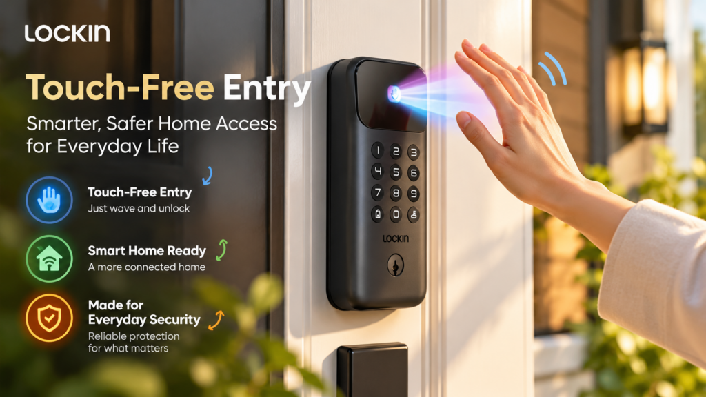 LOCKIN smart door lock installed on a modern front door, featuring touch-free palm vein recognition. A hand approaches the illuminated sensor, while colorful icons highlight keyless entry, smart home connectivity, and everyday home security.