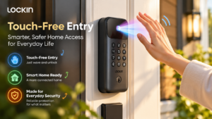 LOCKIN smart door lock installed on a modern front door, featuring touch-free palm vein recognition. A hand approaches the illuminated sensor, while colorful icons highlight keyless entry, smart home connectivity, and everyday home security.