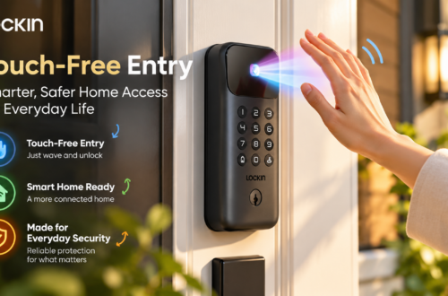 LOCKIN smart door lock installed on a modern front door, featuring touch-free palm vein recognition. A hand approaches the illuminated sensor, while colorful icons highlight keyless entry, smart home connectivity, and everyday home security.