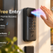 LOCKIN smart door lock installed on a modern front door, featuring touch-free palm vein recognition. A hand approaches the illuminated sensor, while colorful icons highlight keyless entry, smart home connectivity, and everyday home security.