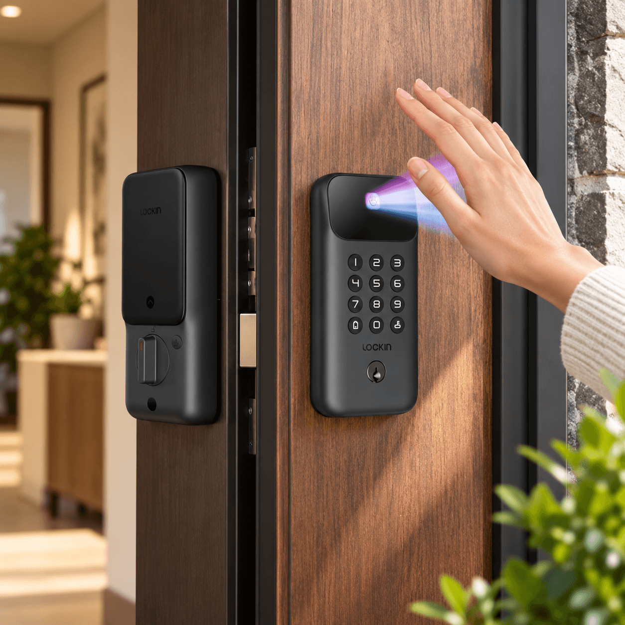 LOCKIN Veno Go palm vein smart lock mounted on a wooden front door. A hand approaches the illuminated biometric scanner for touch-free entry, showcasing the sleek black keypad, secure keyless access, and modern home convenience.