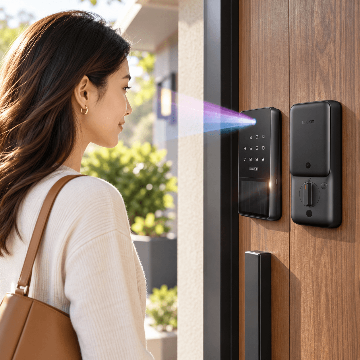 A woman approaches a modern wooden front door equipped with the LOCKIN Veno Solar Face smart lock. The black biometric lock projects a facial recognition scanning light, highlighting hands-free entry, sleek design, and smart home security.
