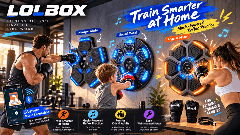 LOLBOX music boxing machines in a modern home gym, featuring three LED-lit models. Adults and a child practice boxing with Bluetooth music, colorful fitness annotations, and dynamic graphic elements.