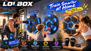 LOLBOX music boxing machines in a modern home gym, featuring three LED-lit models. Adults and a child practice boxing with Bluetooth music, colorful fitness annotations, and dynamic graphic elements.