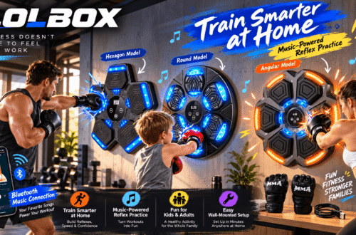 LOLBOX music boxing machines in a modern home gym, featuring three LED-lit models. Adults and a child practice boxing with Bluetooth music, colorful fitness annotations, and dynamic graphic elements.