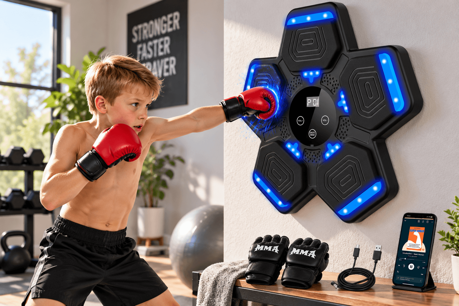 A young boy wearing red boxing gloves punches a hexagonal LOLBOX music boxing machine with glowing blue LED lights in a home gym. MMA gloves, a USB charging cable, and a smartphone are displayed nearby.