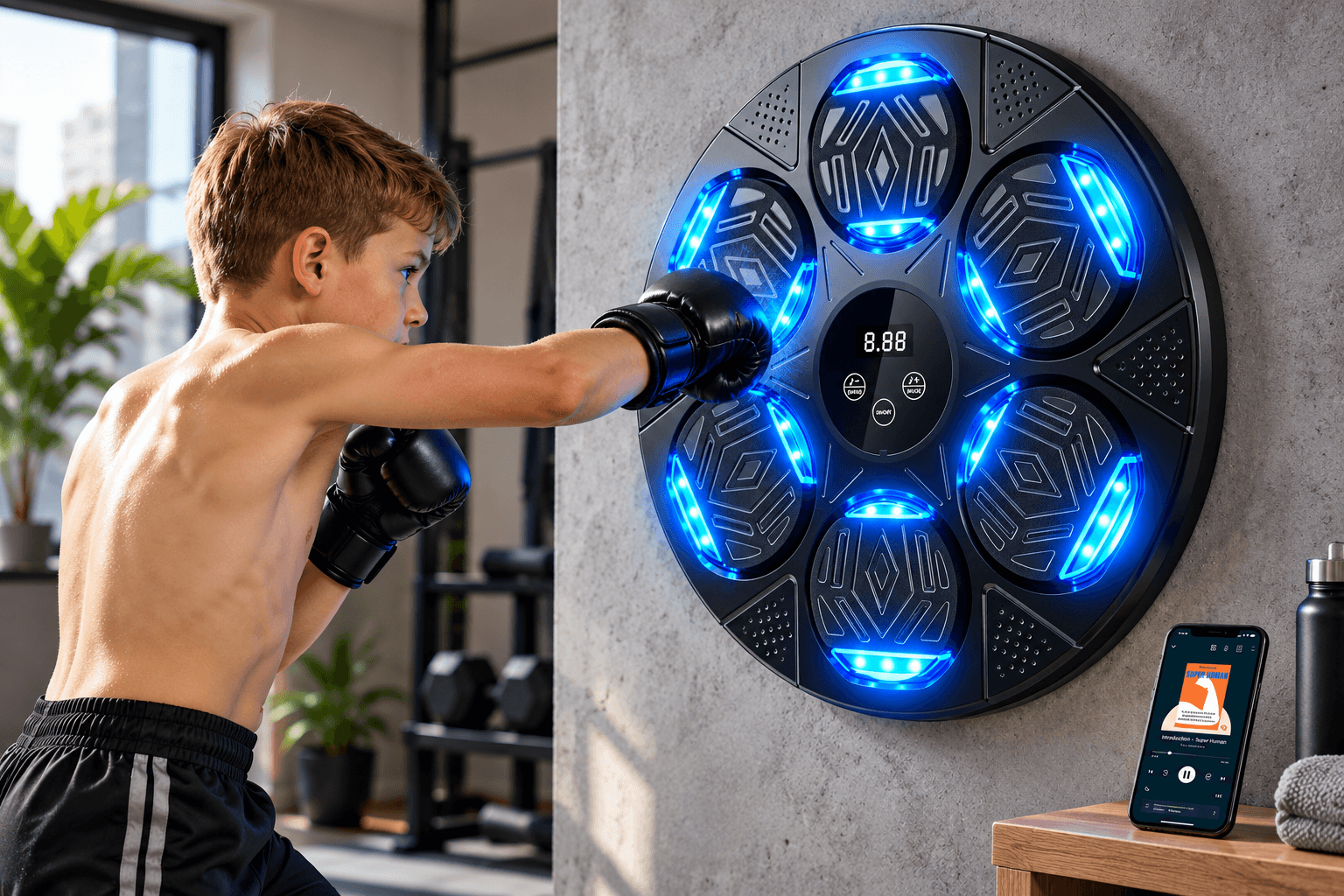 A boy wearing black boxing gloves trains with a round LOLBOX music boxing machine featuring six illuminated blue LED punching pads. A smartphone, spare gloves, and a USB cable sit nearby in a modern home gym.