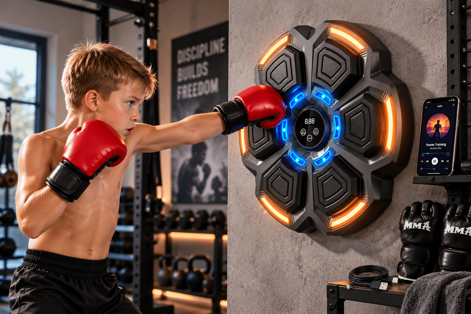 A young boy wearing red boxing gloves punches an angular LOLBOX music boxing machine with orange and blue LED lights. The wall-mounted device is shown in a home gym with a smartphone, MMA gloves, and charging cable.