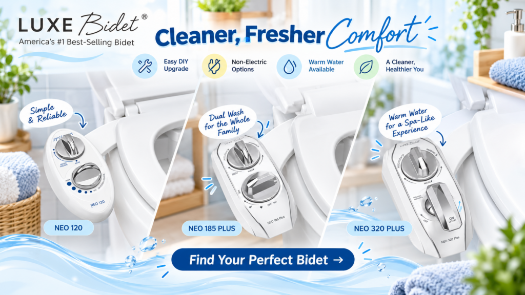 LUXE Bidet promotional banner featuring NEO 120, NEO 185 PLUS, and NEO 320 PLUS toilet bidet attachments in modern bathrooms, highlighting non-electric operation, easy installation, adjustable cleansing, and warm water options.
