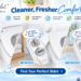 LUXE Bidet promotional banner featuring NEO 120, NEO 185 PLUS, and NEO 320 PLUS toilet bidet attachments in modern bathrooms, highlighting non-electric operation, easy installation, adjustable cleansing, and warm water options.