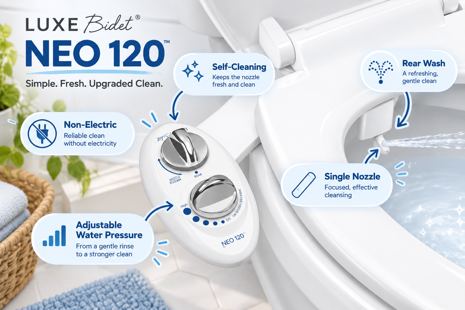 LUXE Bidet NEO 120 non-electric toilet bidet attachment installed in a bright bathroom, featuring chrome control knobs, adjustable water pressure, a self-cleaning single nozzle, and rear wash functionality for everyday personal hygiene.
