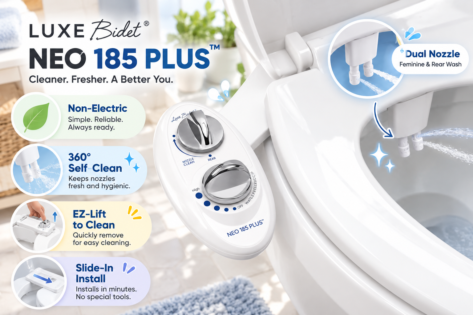LUXE Bidet NEO 185 PLUS non-electric bidet attachment on a modern toilet, showcasing dual nozzles, feminine and rear wash, 360-degree self-cleaning, EZ-Lift cleaning access, and convenient slide-in installation.