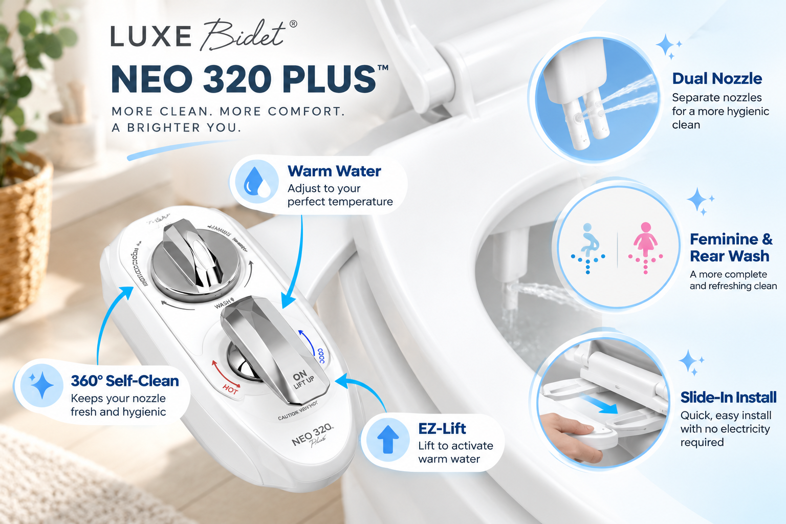 LUXE Bidet NEO 320 PLUS warm water bidet attachment in a stylish bathroom, featuring chrome controls, dual nozzles, adjustable water temperature, feminine and rear wash, 360-degree self-cleaning, and EZ-Lift design.