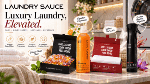 Laundry Sauce luxury laundry collection featuring detergent pods, French Saffron dryer sheets, Italian Bergamot fabric softener, and fabric refresher spray in an elegant laundry room.