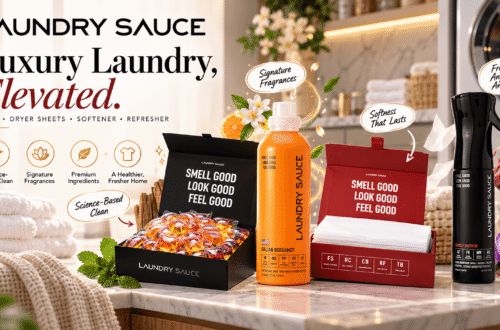 Laundry Sauce luxury laundry collection featuring detergent pods, French Saffron dryer sheets, Italian Bergamot fabric softener, and fabric refresher spray in an elegant laundry room.
