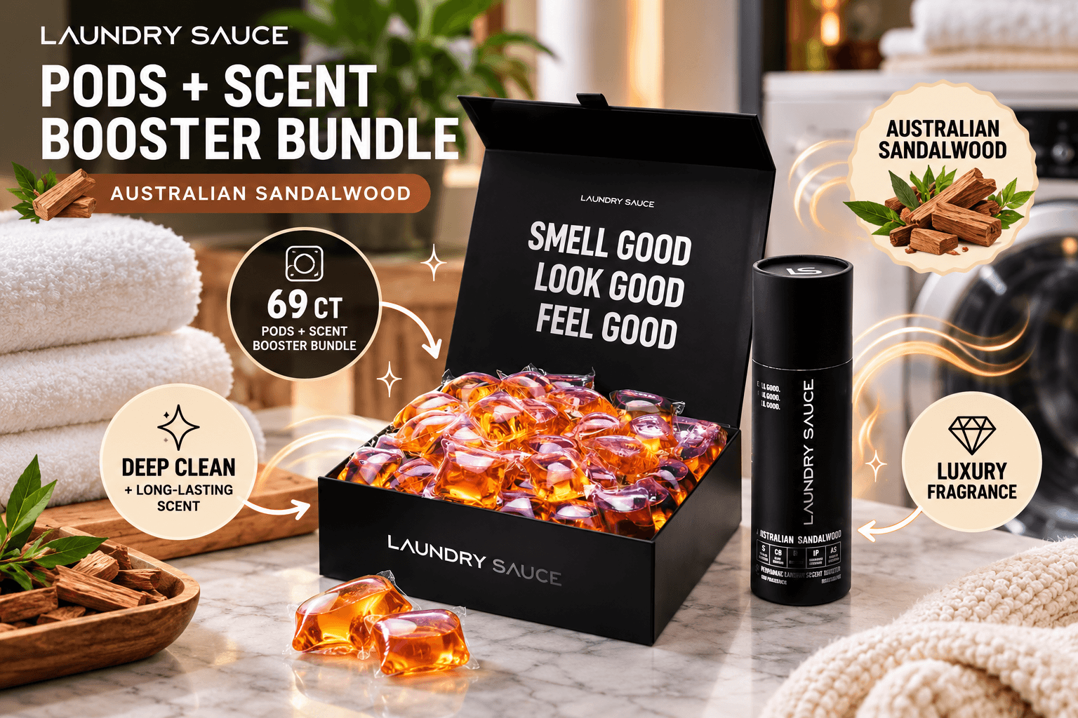 Laundry Sauce Australian Sandalwood 69-count detergent pods and scent booster bundle, featuring amber laundry pods and a black fragrance bottle in a luxury laundry room.