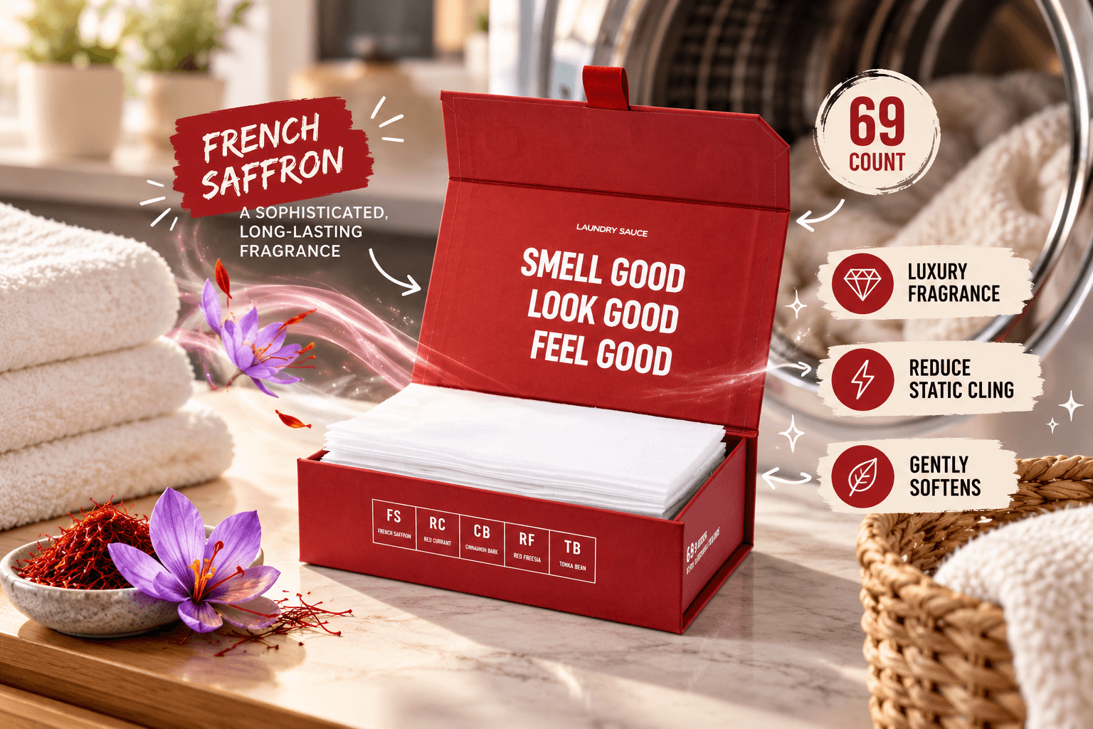 Laundry Sauce French Saffron 69-count dryer sheets in an elegant red box beside a dryer and soft towels, highlighting luxury fragrance, static reduction, and fabric softness.