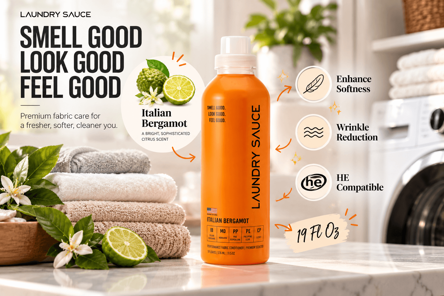 Laundry Sauce Italian Bergamot 19 fl oz fabric softener in a vibrant orange bottle, displayed with fresh towels and citrus accents, highlighting softness and wrinkle reduction.