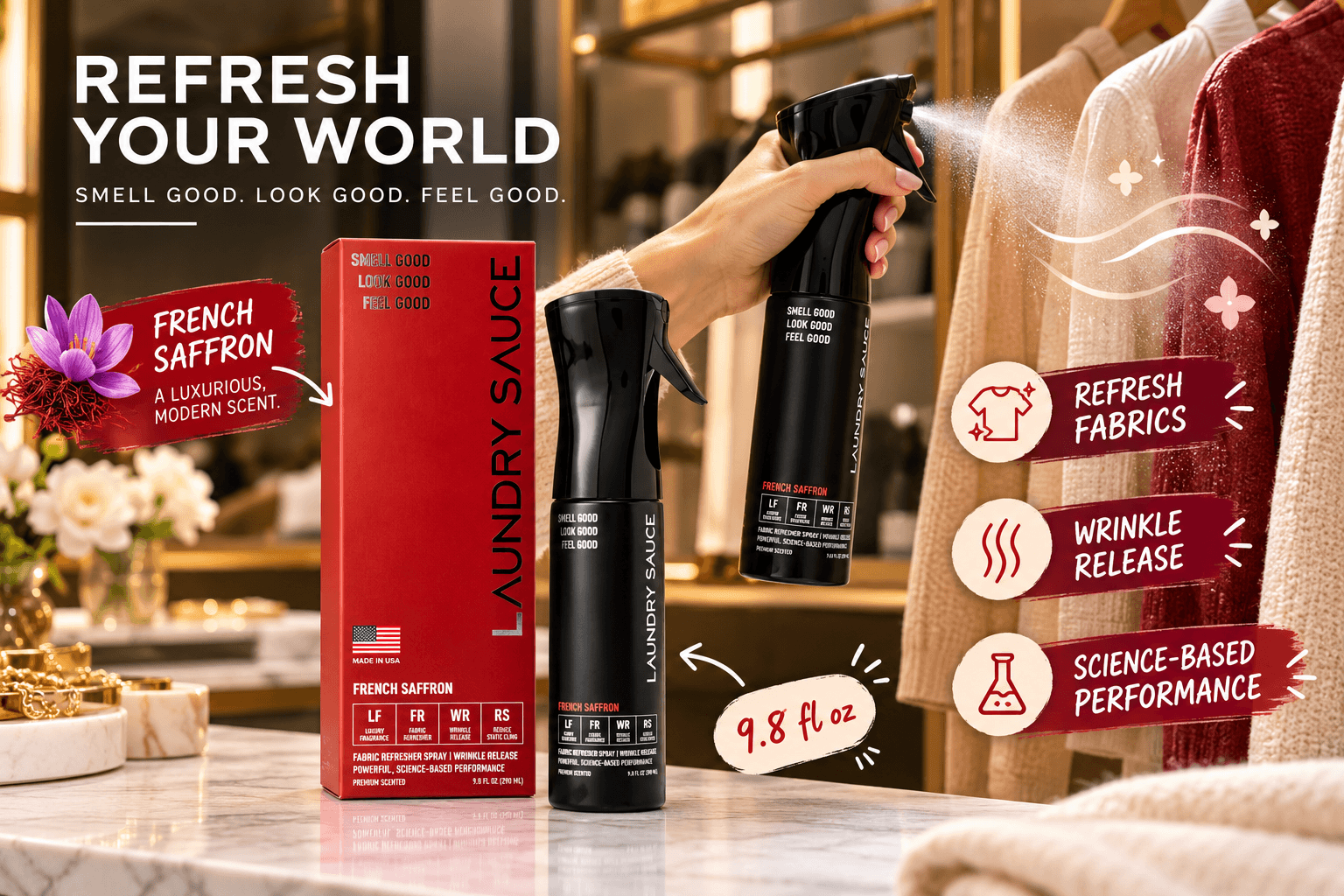 Laundry Sauce French Saffron 9.8 fl oz fabric refresher spray with black bottle and red packaging, shown refreshing hanging clothes in a stylish wardrobe with wrinkle-release features.