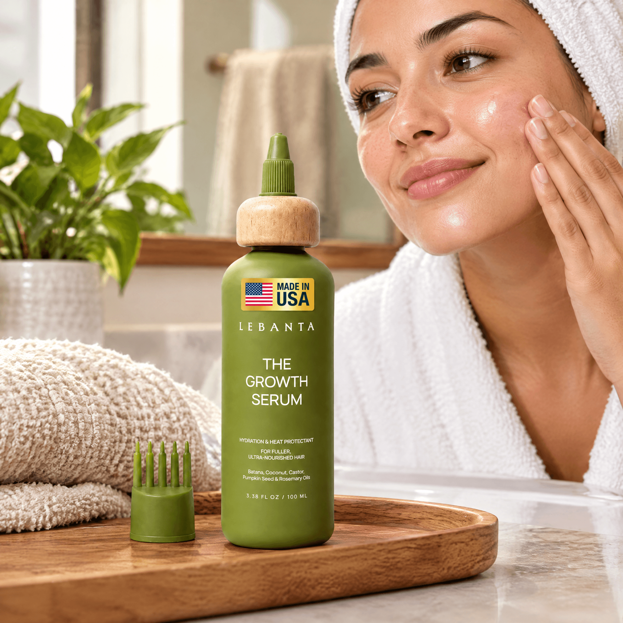 A 1:1 lifestyle image of Lebanta Batana Oil scalp serum in a realistic daily use scenario, featuring the olive-green bottle with wooden cap matching the Amazon listing.