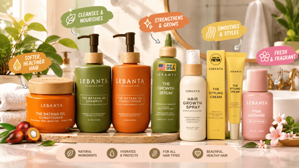 A 16:9 promotional banner featuring Lebanta hair care products arranged in a bright, realistic bathroom vanity setting, with clear English text annotations and playful cartoon graphic markers highlighting natural hair care benefits.