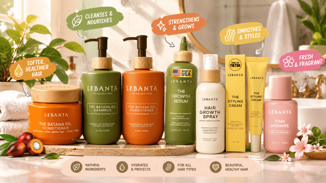 A 16:9 promotional banner featuring Lebanta hair care products arranged in a bright, realistic bathroom vanity setting, with clear English text annotations and playful cartoon graphic markers highlighting natural hair care benefits.