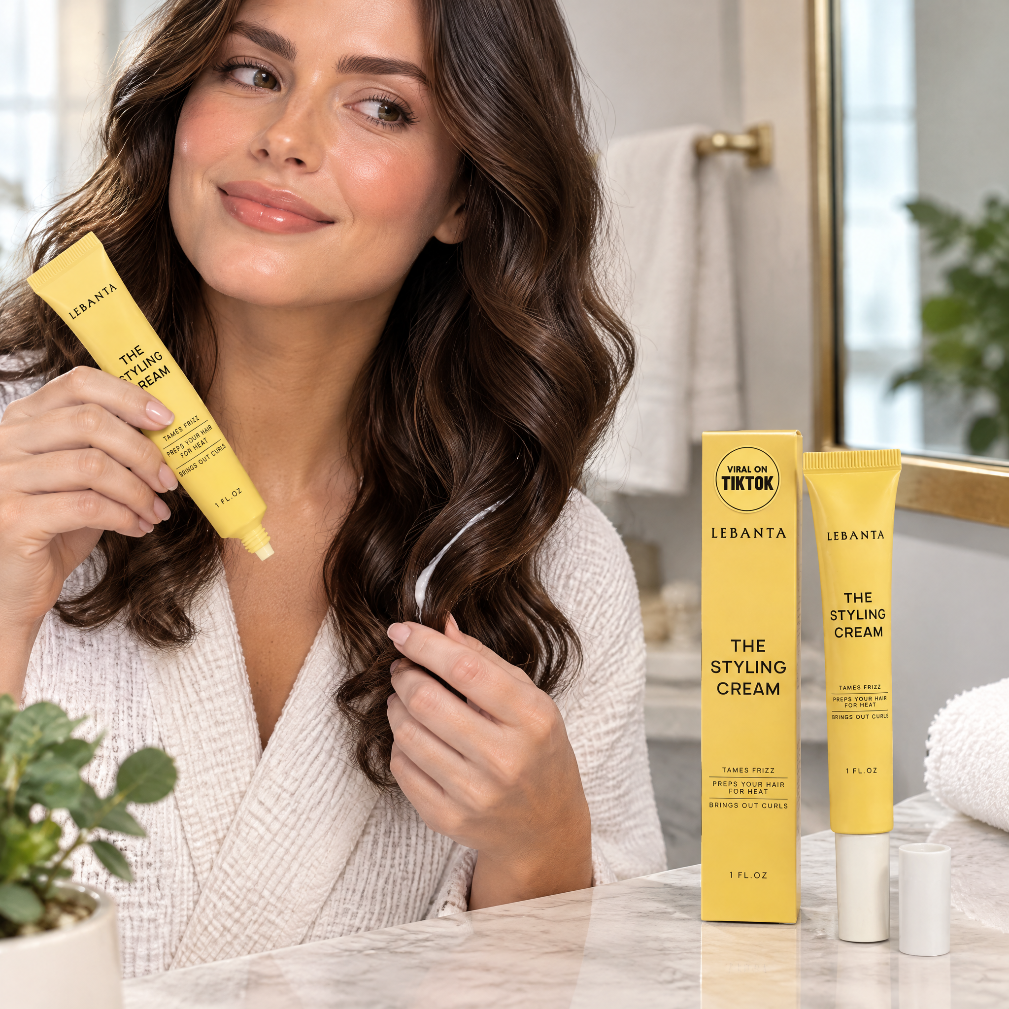 A 1:1 lifestyle image of the Lebanta Fly Away Stick hair styling wand in a realistic on-the-go usage scenario, featuring the bright yellow tube with mascara-style applicator matching the Amazon listing.