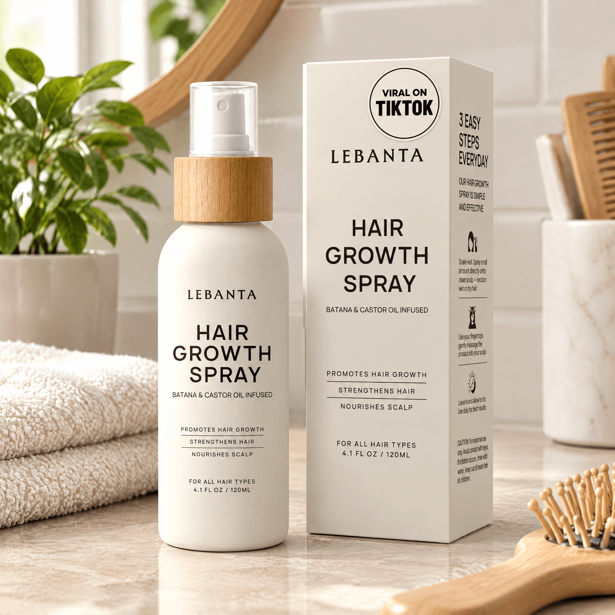 A 1:1 lifestyle image of Lebanta Hair Oil Spray in a realistic everyday usage scene, with the beige spray bottle and packaging box matching the Amazon product exactly.