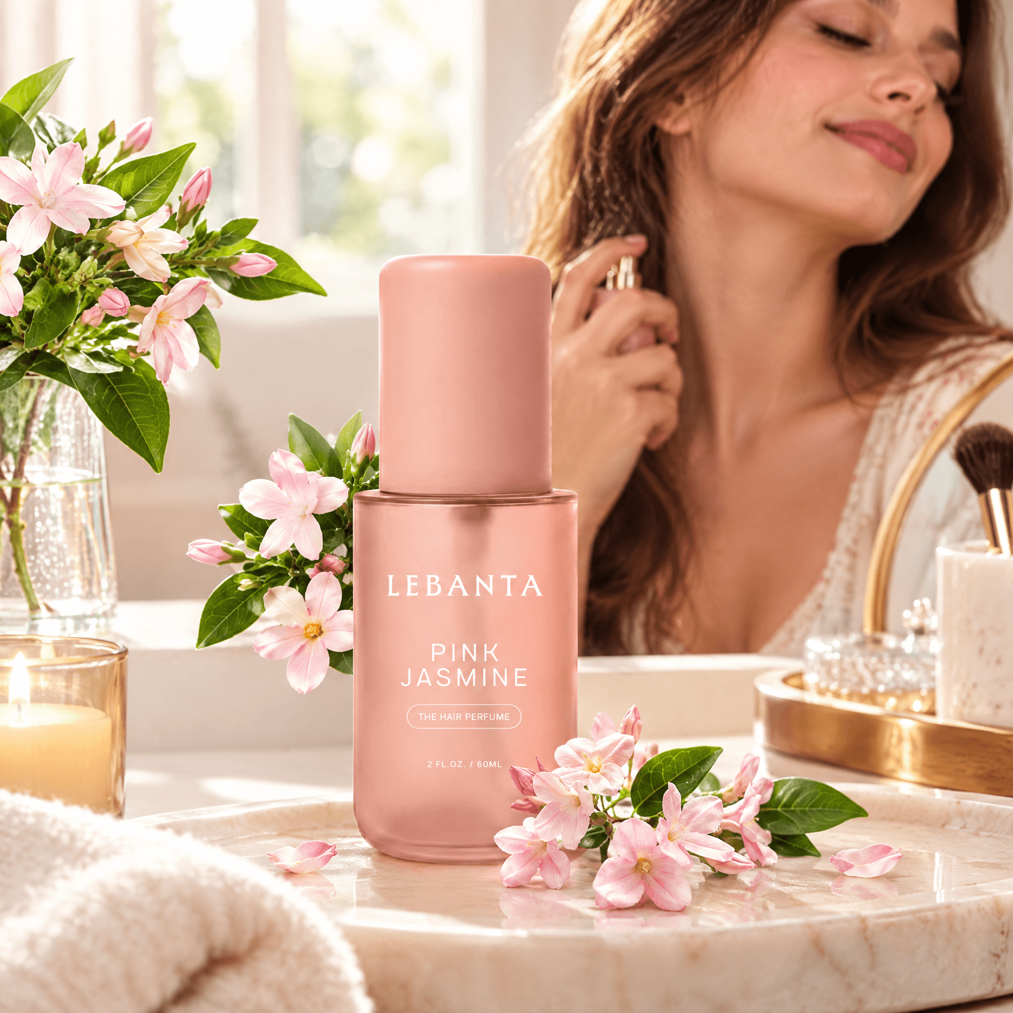 A 1:1 lifestyle image of Lebanta Hair Perfume in Pink Jasmine scent placed in a realistic daily self-care setting, with the frosted pink bottle matching the Amazon product exactly.