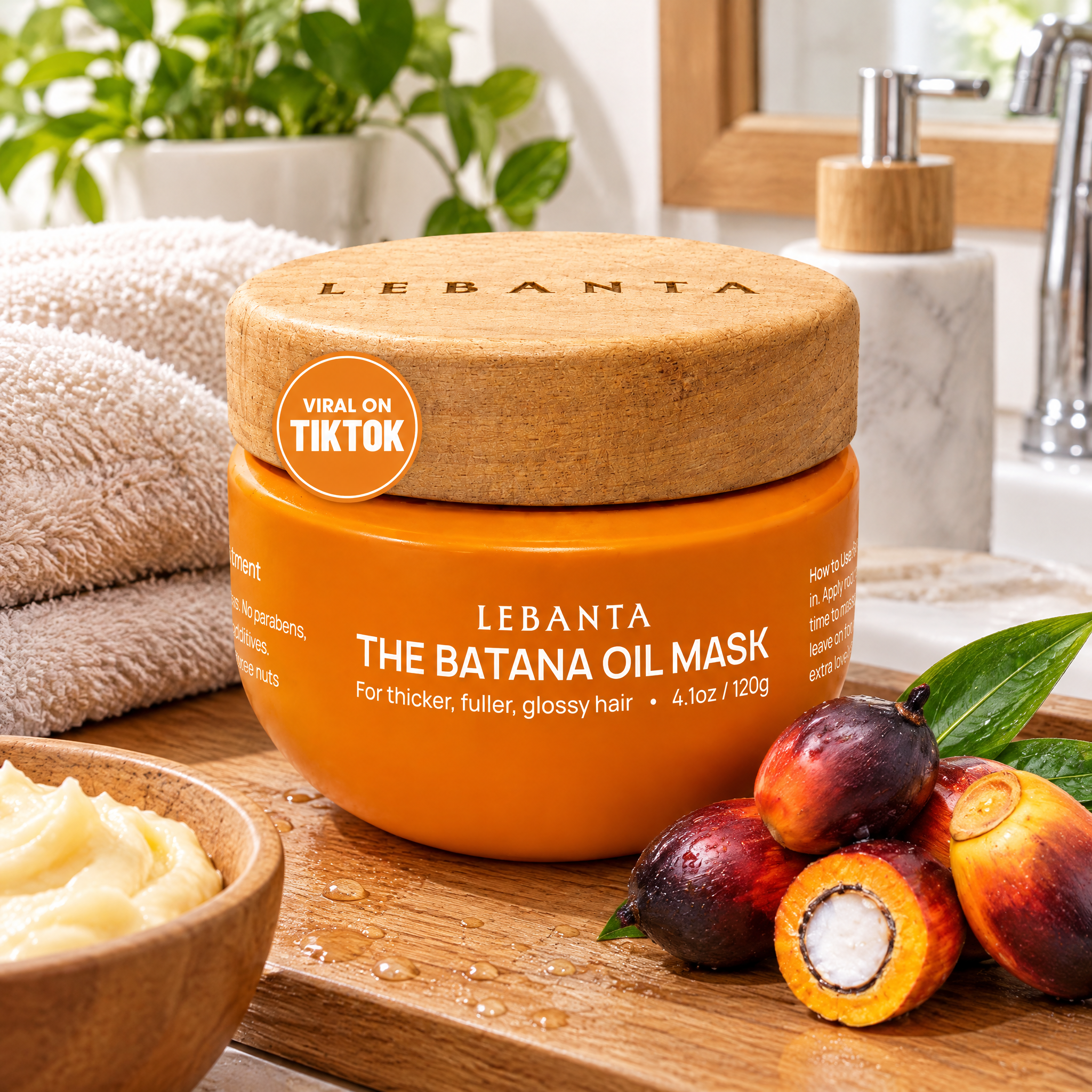 A 1:1 lifestyle image of Lebanta Raw Batana Oil jar placed in a realistic everyday hair care setting, showing the orange jar with wooden lid exactly as it appears on Amazon.