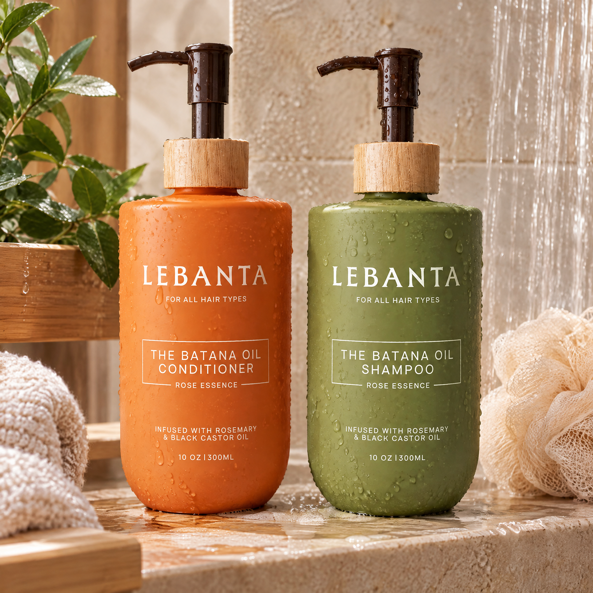 A 1:1 lifestyle image of the Lebanta Batana Oil Shampoo and Conditioner Set in a realistic bathroom setting, showing the terracotta and olive-green pump bottles exactly as listed on Amazon.