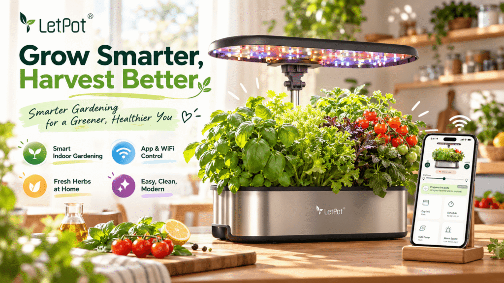 LetPot smart indoor hydroponic garden in a sunny kitchen, featuring LED grow lights, fresh herbs, lettuce, cherry tomatoes, and app control, with “Grow Smarter, Harvest Better” branding and colorful feature icons.