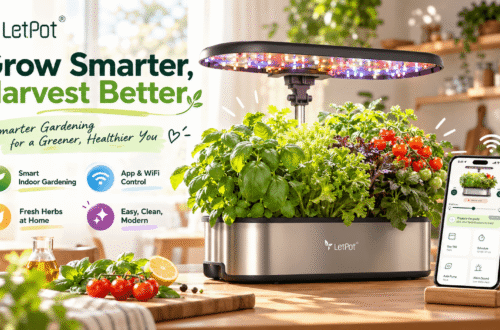 LetPot smart indoor hydroponic garden in a sunny kitchen, featuring LED grow lights, fresh herbs, lettuce, cherry tomatoes, and app control, with “Grow Smarter, Harvest Better” branding and colorful feature icons.