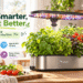 LetPot smart indoor hydroponic garden in a sunny kitchen, featuring LED grow lights, fresh herbs, lettuce, cherry tomatoes, and app control, with “Grow Smarter, Harvest Better” branding and colorful feature icons.