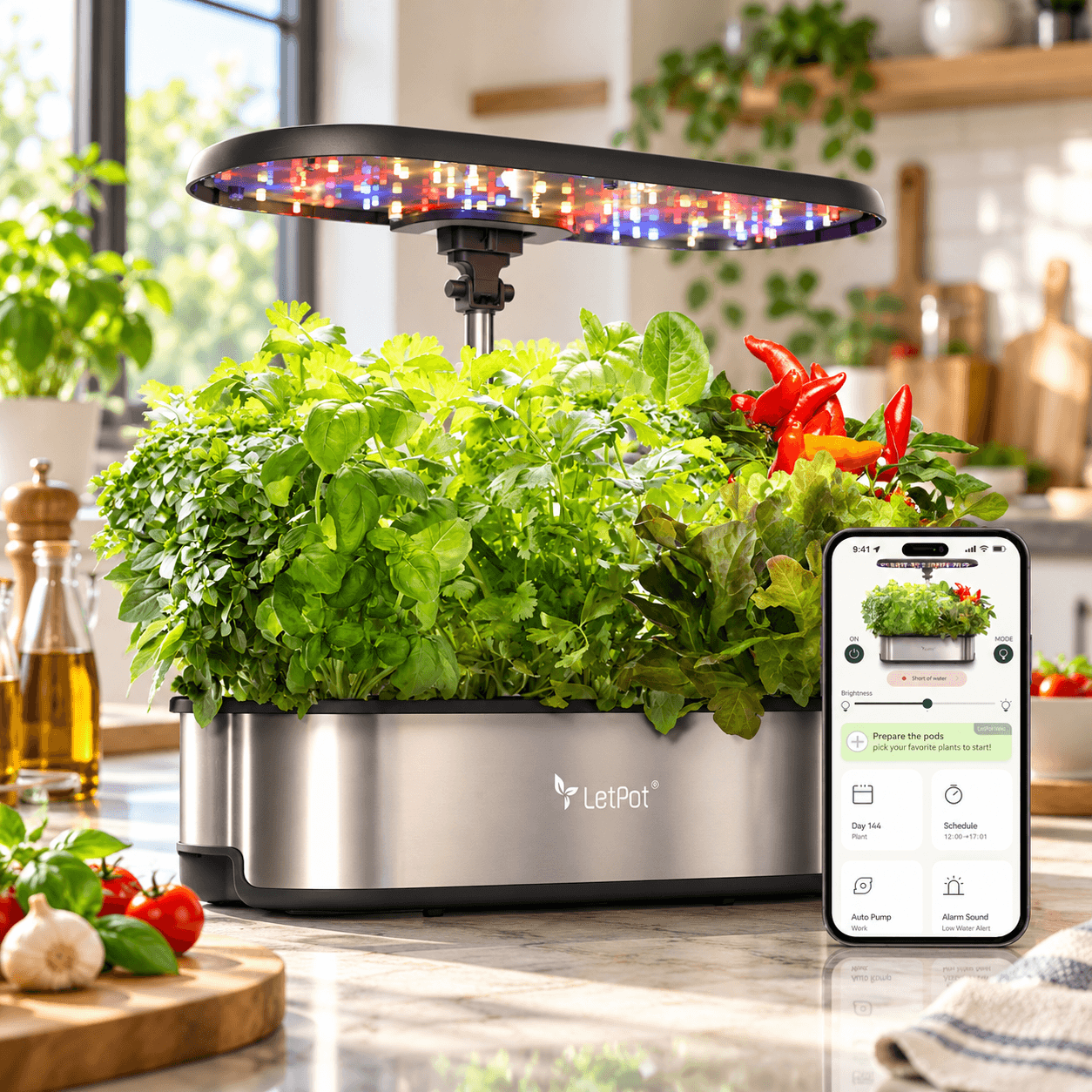 LetPot LPH-SE stainless steel hydroponic growing system on a sunny kitchen counter, featuring colorful LED grow lights, lush herbs, leafy greens, red peppers, and a smartphone displaying smart gardening controls.
