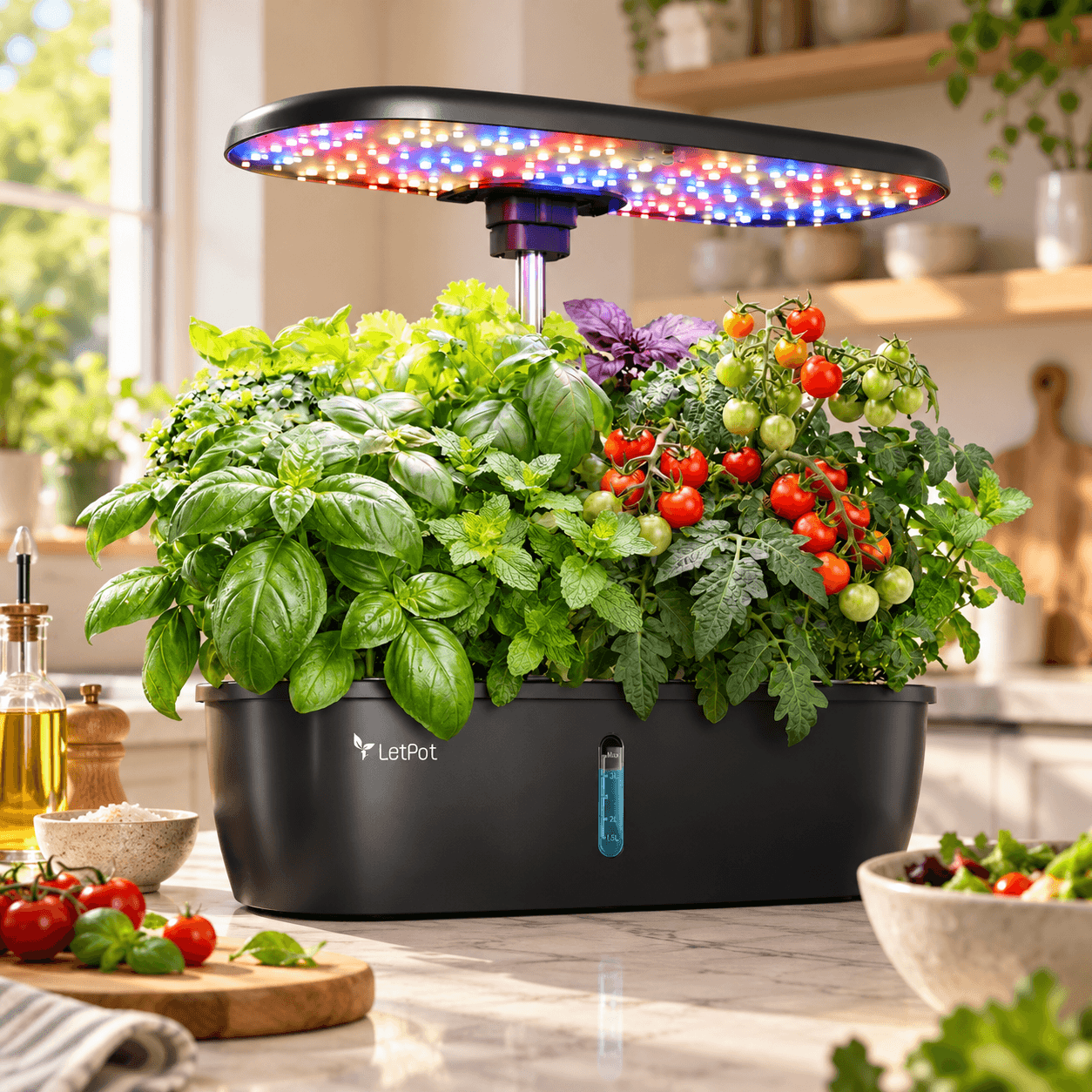Black LetPot 12-pod hydroponic growing system with LED grow lights, fresh basil, mint, purple herbs, and ripening cherry tomatoes on a modern kitchen counter, featuring a visible water-level indicator.