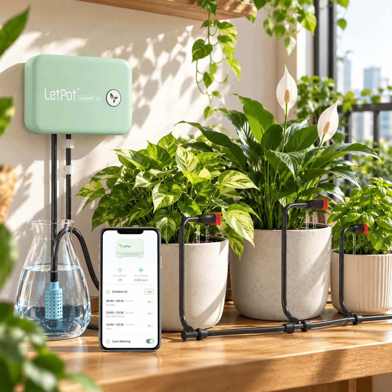LetPot WiFi automatic plant watering system with a mint-green controller, water reservoir, drip irrigation tubing, and potted houseplants, alongside a smartphone displaying app-controlled watering schedules.