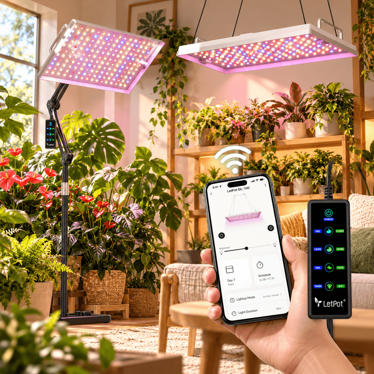 LetPot full-spectrum LED grow lights in a lush indoor plant room, featuring adjustable standing and hanging light panels, colorful LEDs, smartphone app controls, and a remote for lighting modes and schedules.