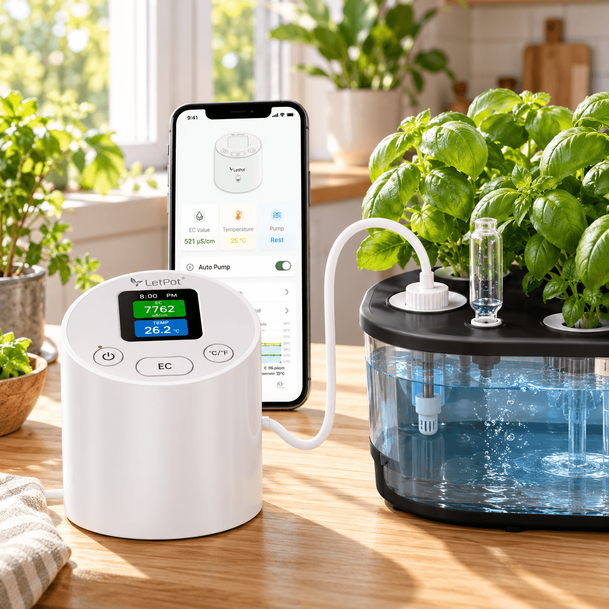 LetPot EC and temperature meter monitoring a hydroponic water reservoir with fresh basil, featuring a digital conductivity and temperature display, connected sensor, and smartphone app in a bright indoor garden.