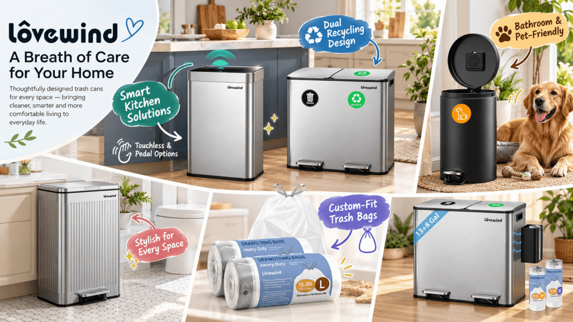 Lovewind promotional collage featuring touchless kitchen trash cans, dual recycling bins, a ribbed pedal bin, an outdoor dog waste bin, and drawstring bags in modern home settings, with colorful feature annotations.