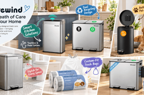 Lovewind promotional collage featuring touchless kitchen trash cans, dual recycling bins, a ribbed pedal bin, an outdoor dog waste bin, and drawstring bags in modern home settings, with colorful feature annotations.