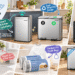 Lovewind promotional collage featuring touchless kitchen trash cans, dual recycling bins, a ribbed pedal bin, an outdoor dog waste bin, and drawstring bags in modern home settings, with colorful feature annotations.