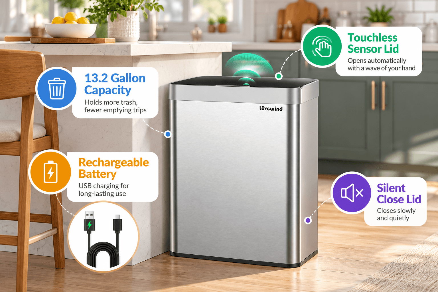 Lovewind 13.2-gallon stainless steel touchless trash can in a modern kitchen, featuring motion-sensor lid operation, a rechargeable battery, USB charging cable, and silent-close design with colorful feature callouts.