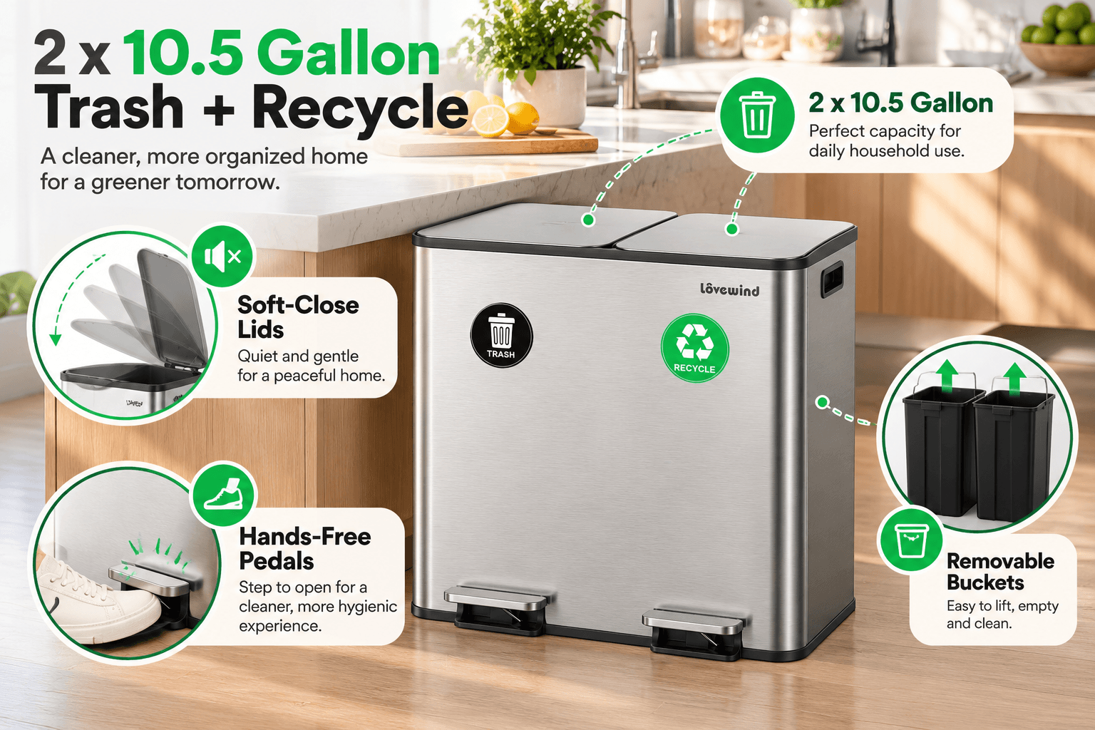 Lovewind 2 Γ 10.5-gallon stainless steel dual trash and recycling bin in a bright kitchen, featuring two compartments, hands-free pedals, soft-close lids, and removable buckets with green feature annotations.