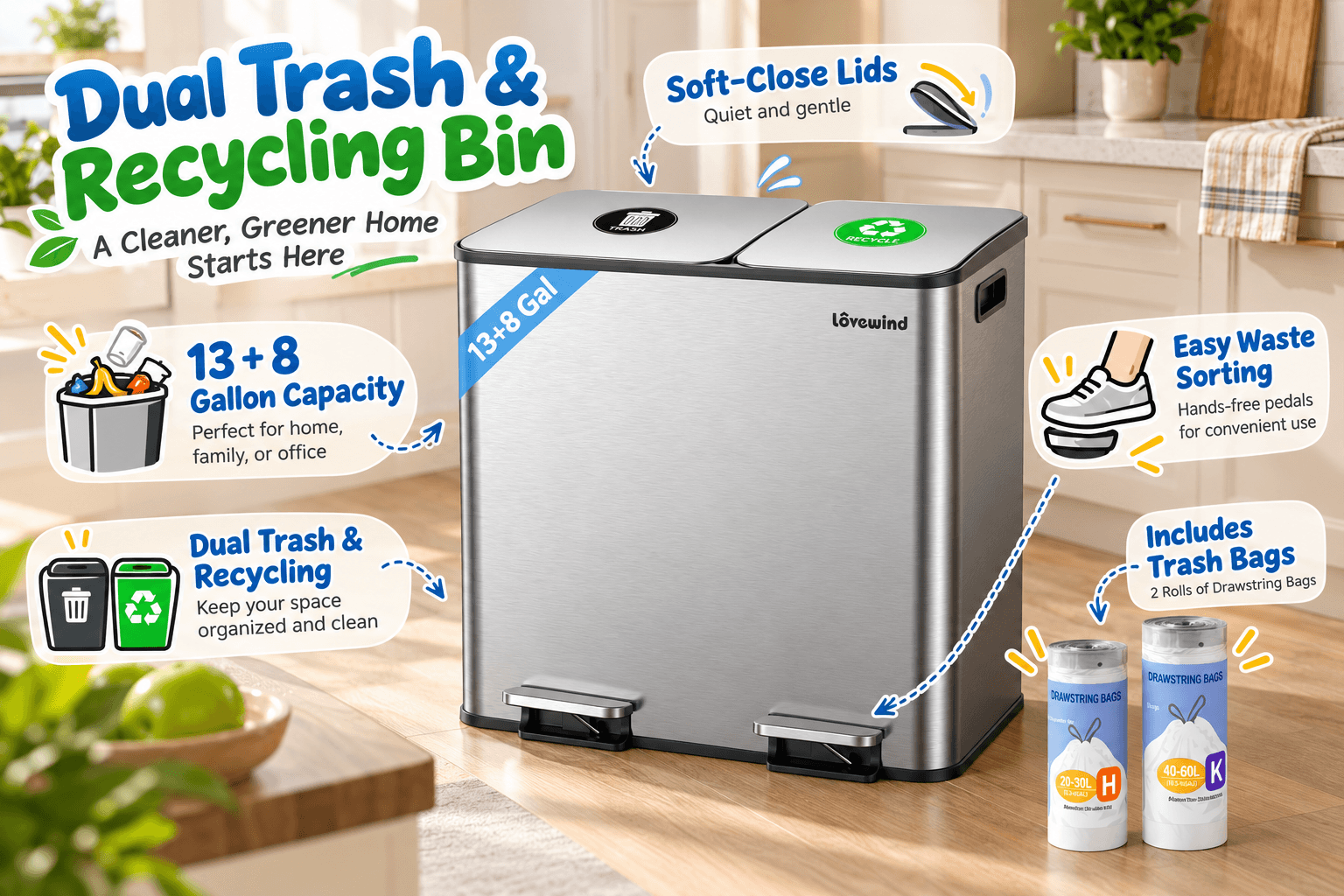 Lovewind 13+8 gallon stainless steel dual recycling bin in a modern kitchen, featuring labeled trash and recycling lids, hands-free pedals, soft-close design, and included drawstring bags with playful annotations.