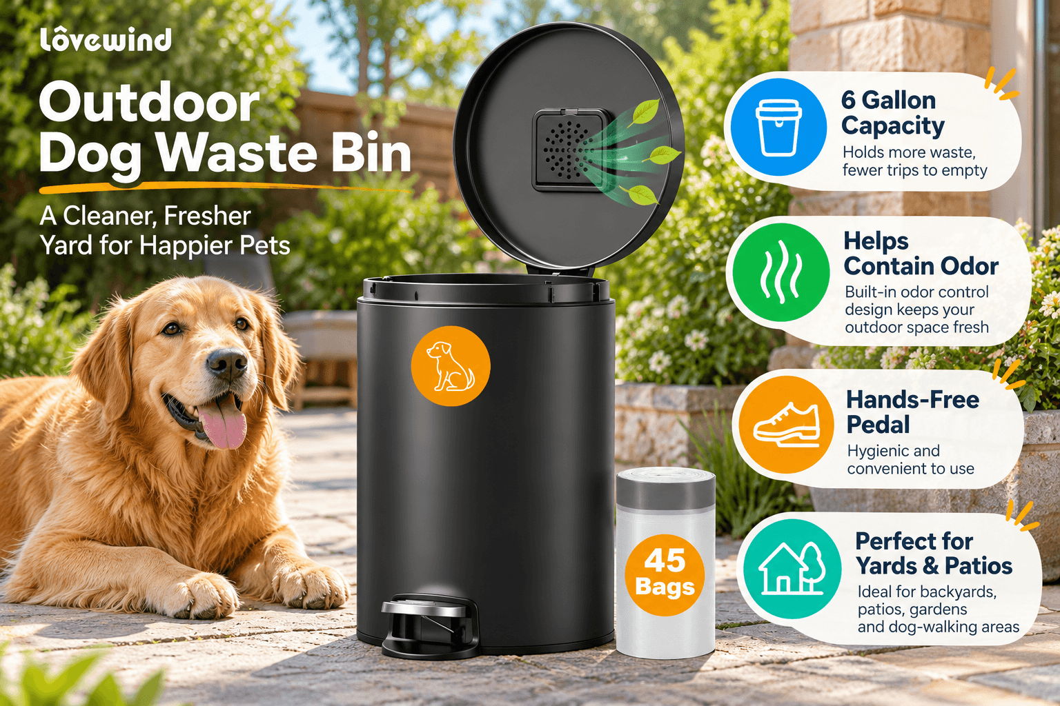 Lovewind black 6-gallon outdoor dog waste bin with an open lid and foot pedal beside a golden retriever in a sunny garden. Colorful callouts highlight odor control, hands-free operation, and a roll of 45 bags.