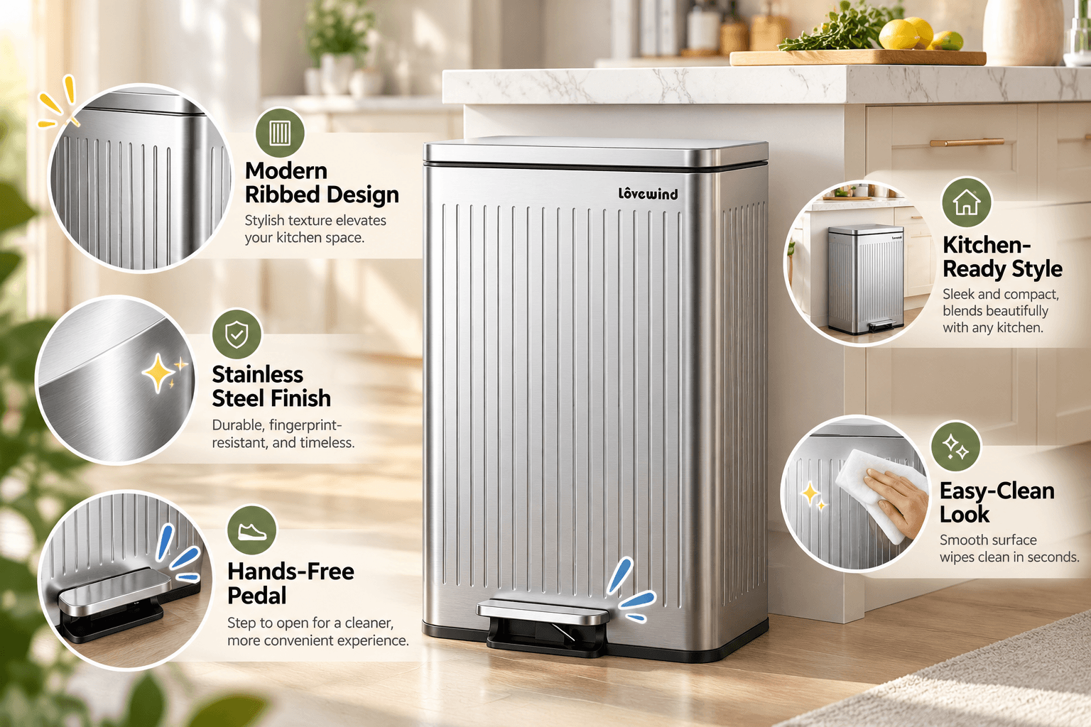 Lovewind stainless steel ribbed pedal trash can displayed in a bright modern kitchen, with close-up feature callouts highlighting its textured design, metallic finish, hands-free pedal, and easy-clean surface.