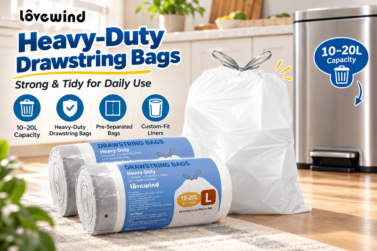 Lovewind heavy-duty 10β20L drawstring trash bags displayed in a modern kitchen, featuring blue-labeled rolls, a tied white liner, and infographic icons highlighting custom-fit liners and pre-separated bags.